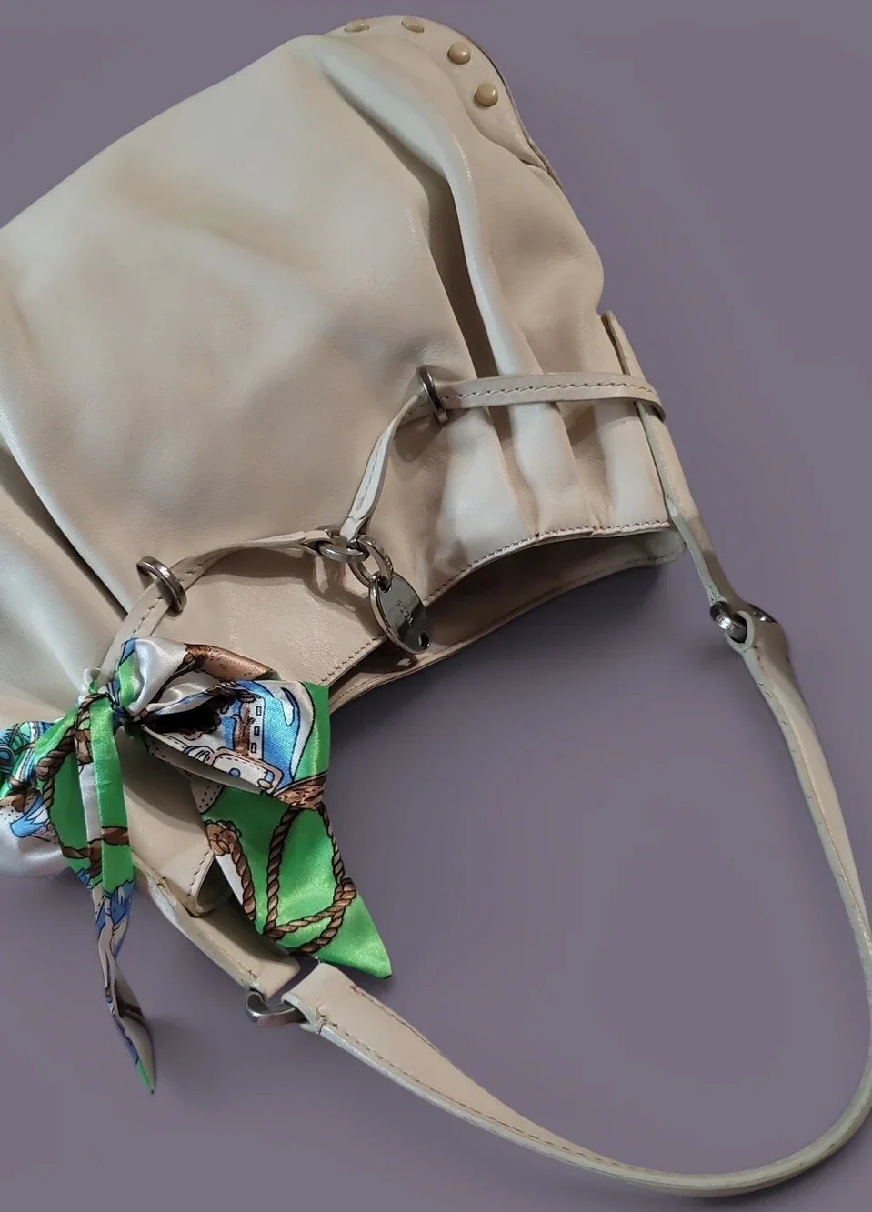 Tod's Cream Leather Hobo with Decorative Green-Blue Scarf Preloved
